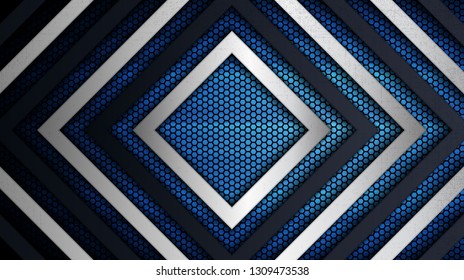Construction background. Vector illustration of abstract stainless steel metal panel with grunge overlay metallic texture and hexagonal grid pattern over blue light background for your design