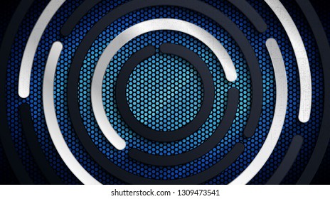 Construction background. Vector illustration of abstract stainless steel metal panel with grunge overlay metallic texture and perforated sheet pattern over blue light background for your design