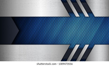 Construction background. Vector illustration of abstract stainless steel metal panel with grunge overlay metallic texture and hexagonal grid pattern over blue light background for your design