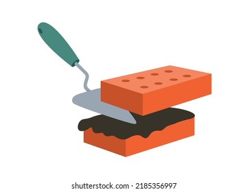 Construction banner element. Cement mortar and brickwork in flat graphic. Services in a laying of walls for buildings. Modern stylization on the construction theme. Brickwork with a trowel