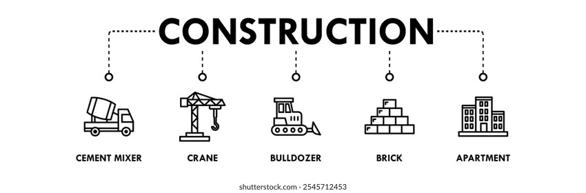 Conceito de ilustração de ícone web de banner de construção com ícone de misturador de cimento, grua, escavadeira, tijolo e apartamento