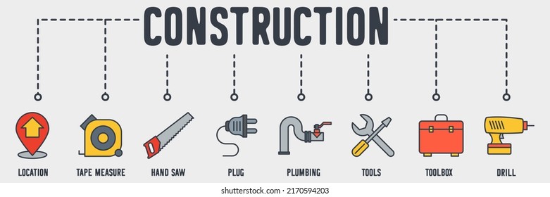 Construction banner web icon. location, tape measure, hand saw, plug, plumbing, tools, toolbox, drill vector illustration concept.
