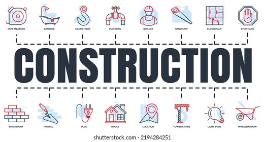 Juego de iconos de banner de construcción. constructor, ladrillo, gancho de grúa, carretilla, medida de cinta, sierra manual y más concepto de ilustración vectorial.
