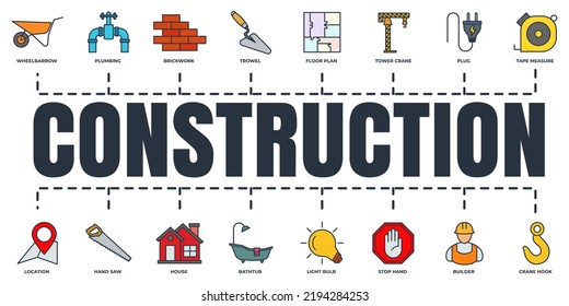 Construction banner web icon set. builder, brickwork, crane hook, wheelbarrow, tape measure, hand saw and more vector illustration concept.