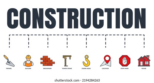 Construction banner web icon set. house, tower crane, builder, brickwork, crane hook, stop hand, trowel, location vector illustration concept.