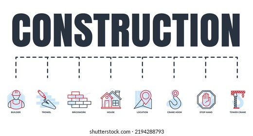 Construction banner web icon set. house, tower crane, builder, brickwork, crane hook, stop hand, trowel, location vector illustration concept.