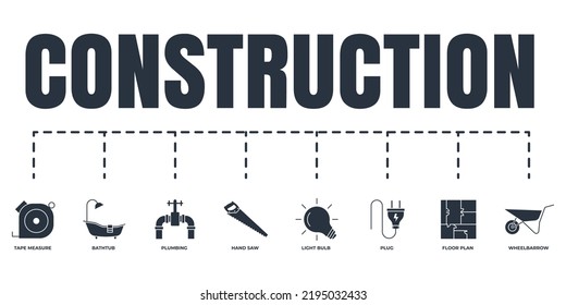 Construction banner web icon set. light bulb, floor plan, wheelbarrow, tape measure, hand saw, plug, plumbing, bathtub vector illustration concept.