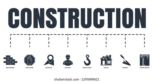 Construction banner web icon set. house, tower crane, builder, brickwork, crane hook, stop hand, trowel, location vector illustration concept.