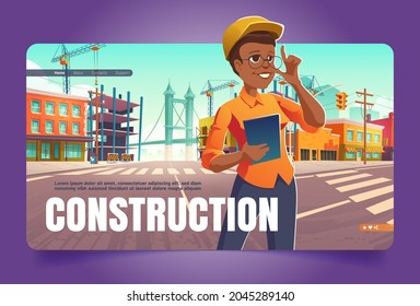 Construction banner with woman engineer on city street with building works. Vector landing page with cartoon illustration of cityscape with construction site, tower cranes and girl architect in helmet