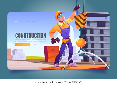 Construction banner with worker in helmet and crane hook. Vector landing page of house building with cartoon illustration of man builder in orange hardhat lifting weight with machinery