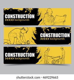 construction banners set. construction hand drawn illustration.