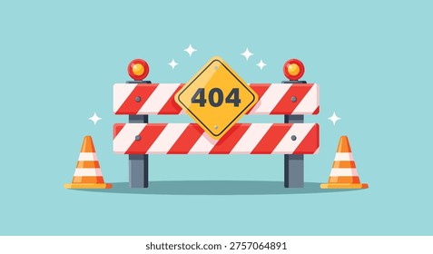 A construction barrier with a 404 error sign and traffic cones, symbolizing a broken link or unavailable webpage.