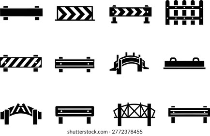 Construction barrier traffic cone fence icons collection for roadwork safety