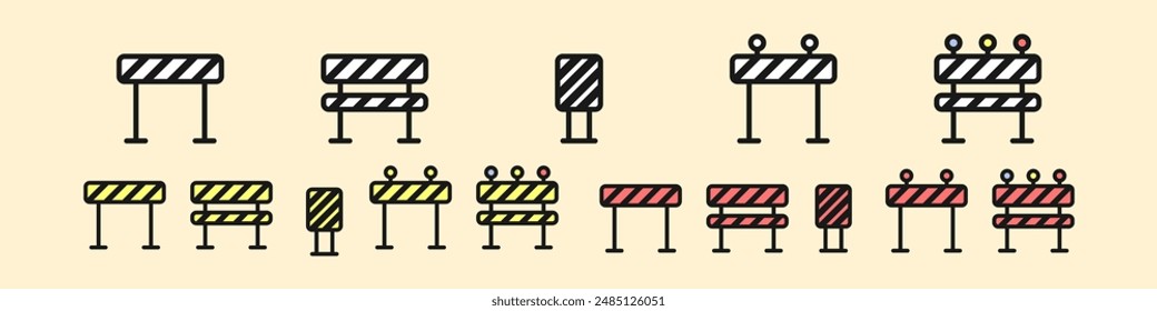 Construction barriers set of vector icons. Construction safety fence. Prohibition fence vector. Warning signs vector. Vector illustration.