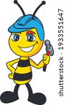 Construction Bee holding hammer with safety helmet