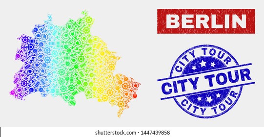 Construction Berlin City map and blue City Tour grunge seal stamp. Spectrum gradient vector Berlin City map mosaic of tools items. Blue round City Tour seal.