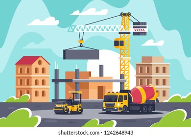 Construction of big building with heavy machinery, concrete mixer, road roller, crane. Concept construction equipment, architecture, manufacturing process. Vector illustration.