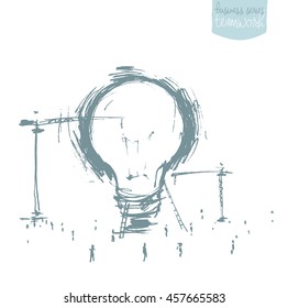 Construction of a big idea. Concept hand drawn vector illustration, sketch