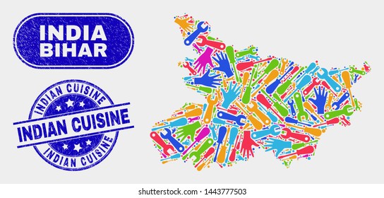 Construction Bihar State map and blue Indian Cuisine distress seal stamp. Colorful vector Bihar State map mosaic of mechanics components. Blue rounded Indian Cuisine seal.