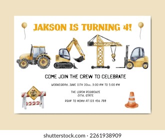 Construction Birthday Watercolor Invitation Card template background for baby and kids