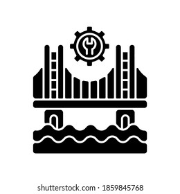 Construction black glyph icon. Building bridge. Safe and reliable materials. Engineering project. Critical infrastructure. Silhouette symbol on white space. Vector isolated illustration