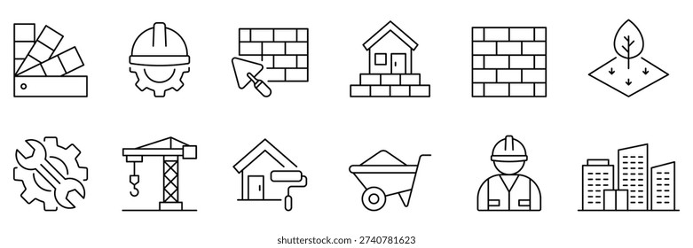 Construction black line icons set. Engineering tools icons. Build line icon set. Collection a related to build, construction, building, architecture, worker, and more.