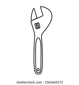 Construction black-and-white icon of a metal adjustable wrench with an adjustable diameter designed to loosen and tighten the bolts and nuts. Construction metalwork tool. Vector illustration.