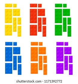 Construction blocks plastic education game shape. Vector children plastic bricks toy designer. Preschool geometric construction locks for fun child leisure illustration. Top view toy building.