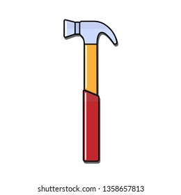 Construction blue and red icon of a manual metal hammer with a wooden handle with a shadow intended for building and carpentry work, for driving nails. Construction tool. Vector illustration.