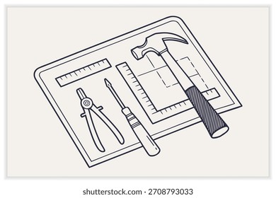 Conjunto de ilustración de planos de construcción Arquitectura e ingeniería Arte de línea