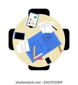 Construction Blueprint On Round Table In Flat Vector Illustration Symbolizing Architecture, Planning, And Engineering, Isolated On White Background.