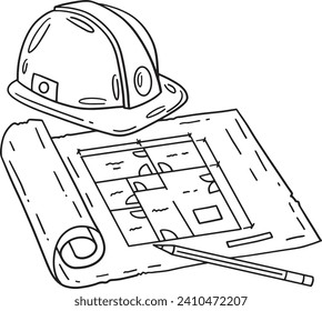 Construction Blueprint, Pencil Hard Hat Isolated 