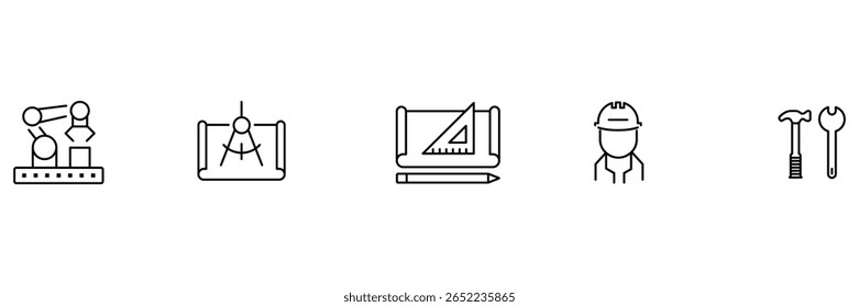 Construction blueprint planning hammer tools engineer architect drawing automation icon set vector illustration for architecture industry project concept.