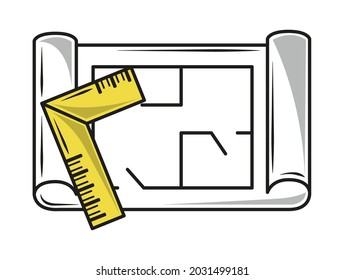 plano de construcción e icono de regla aislado