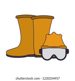 Construction boot and glasses with helmet