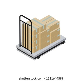 Construction for box transportation, carton production, metal cart used to ease work on factory, lots of containers isolated on vector illustration