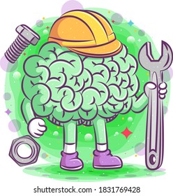 The construction brain illustration holds a bolt of illustration