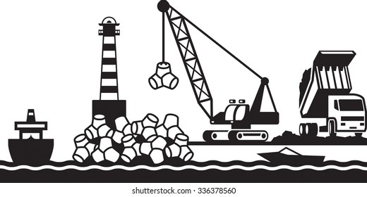 Construction of breakwater of the port - vector illustration