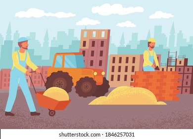 Construction brick house flat composition with outdoor scenery cityscape silhouette and characters of builders with supplies vector illustration