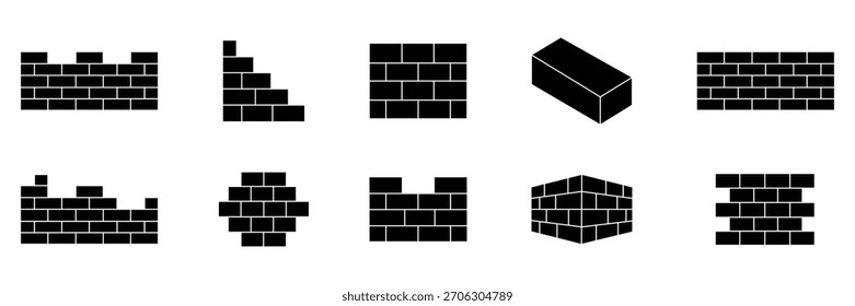 Iconos de la silueta del ladrillo de la construcción. Icono de bloque de ladrillo simple en estilo de Vector en negrita. Símbolo de pared negra para Diseño web. Vector plano negro de patrones de ladrillo. Ilustración vectorial.