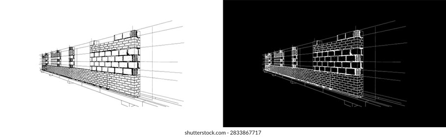 Construction brick wall under installation perspective illustration featuring 3D line art drawing of a long brickwork partition wall with window openings, concrete block courses, mortar joint details, and perspective layout grid lines shown on white and black backgrounds.