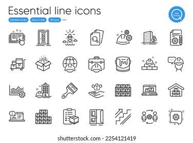 Construction bricks, Door and Stairs line icons. Collection of Lighthouse, Buildings, Inventory cart icons. Open door, Global engineering, Web inventory web elements. Vector