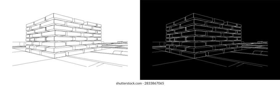 Construction brickwork and masonry wall perspective illustration featuring 3D line art drawing of stacked red bricks corner structure, mortar joints, brick laying pattern, and ground level perspective grid lines shown on white and black backgrounds.