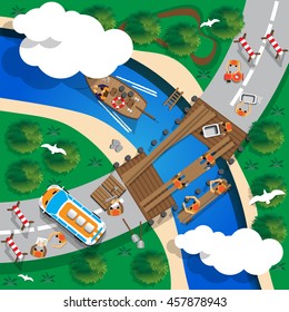 Construction of a bridge across the river. View from above. Vector illustration. 