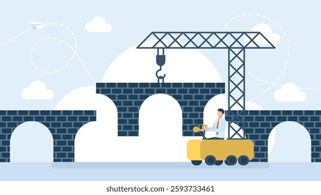 Construction of the bridge. Bridge construction illustration. Construction city bridge blocks, cargo crane, adjustable support columns, concept industrial engineering. Vector illustration