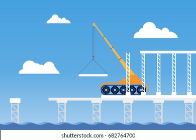 Construction of the bridge on the water. A mobile crane with the panel. Flat. Vector