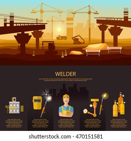 Construction bridge professional welder working vector Illustration 