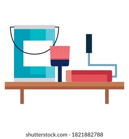 construction bucket and paint roll and brush on shelf design of working maintenance workshop and repairing theme Vector illustration