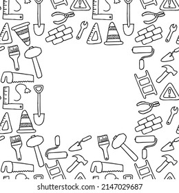 Bauen Icons Muster mit Platz für Text. nahtloses Doodle-Muster mit Bauwerkzeugen. Vektorgrafik zum Thema Bauwesen