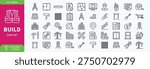 Construction or build line editable icon set. Contain icons related to build, construction, building, architecture, worker, and more. Editable stroke. Vector illustration